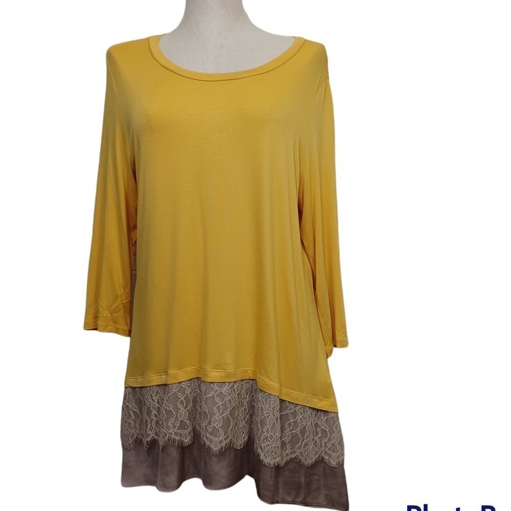 LOGO Lori Goldstein Yellow Lace Layered Hem Tunic Top 3/4‎ Sleeve Large